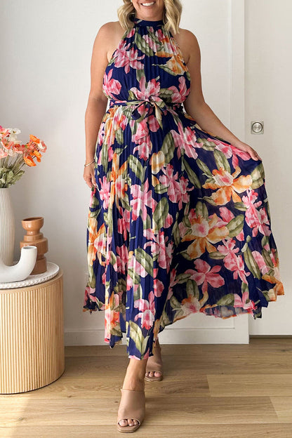 flowersverse Vintage Elegant Floral Frenulum Halter Printed Dress Dresses RE5241