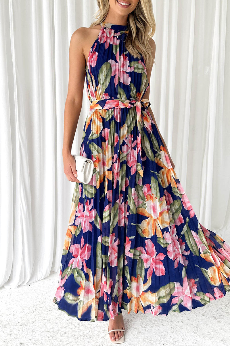 flowersverse Vintage Elegant Floral Frenulum Halter Printed Dress Dresses RE5241