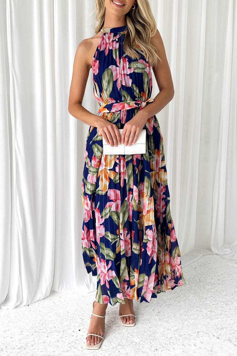 flowersverse Vintage Elegant Floral Frenulum Halter Printed Dress Dresses RE5241