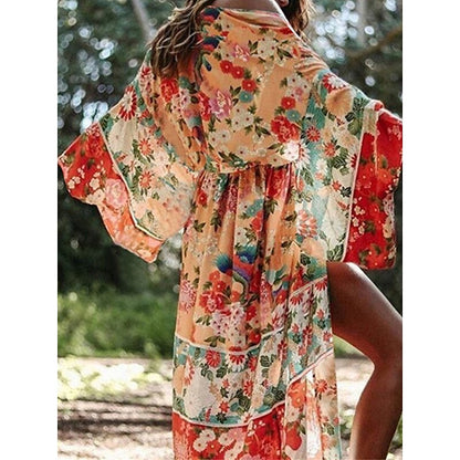 flowersverse Women's Cover Up Beach Dress Beach Wear Long Dress Maxi Dress With Belt Print Fashion Casual Floral Open Front Long Sleeve Loose Fit Outdoor Daily Light Yellow  Spring Summer One Size