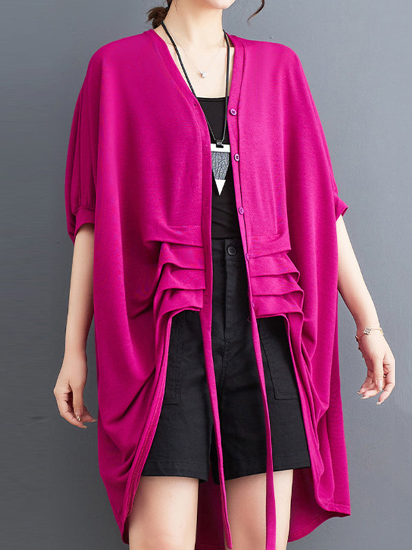 flowersverse Drawstring Solid Color Half Sleeves Irregular Clipping V-Neck Outerwear