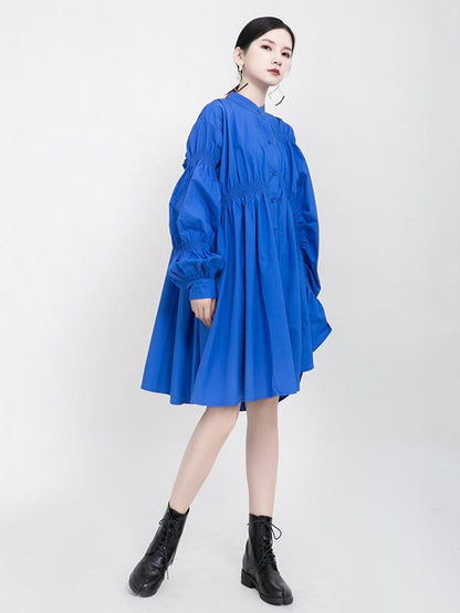 flowersverse Blue Loose Pleated Cropped Blouse Dress