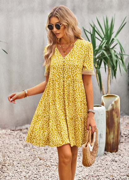 flowersverse Floral Buttoned Puff Sleeve Dress