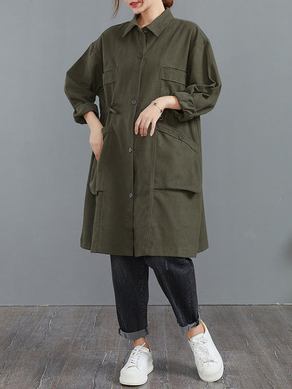 flowersverse Casual Loose Solid Color Buttoned Lapel Collar Long Sleeves Trench Coat