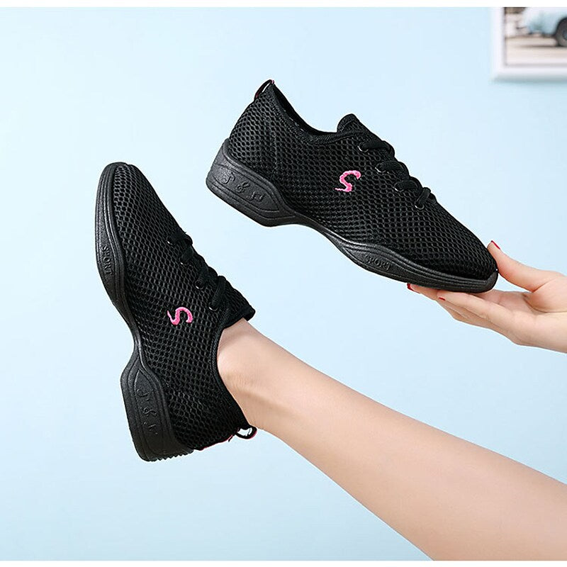 flowersverse Women's Dance Sneakers Hip Hop Performance Practice Breaking/ Square Dance Outdoor Flat Flat Heel Lace-up White Black