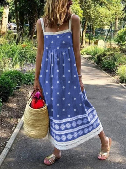 flowersverse zolucky Plus Size Women Sleeveless Polka Dots Casual Weaving Dress