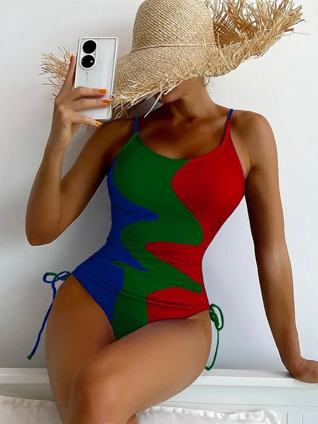 flowersverse Women's Swimwear One Piece Normal Swimsuit Printing Color Block Blue Purple Brown Green Bodysuit Bathing Suits Sports Summer