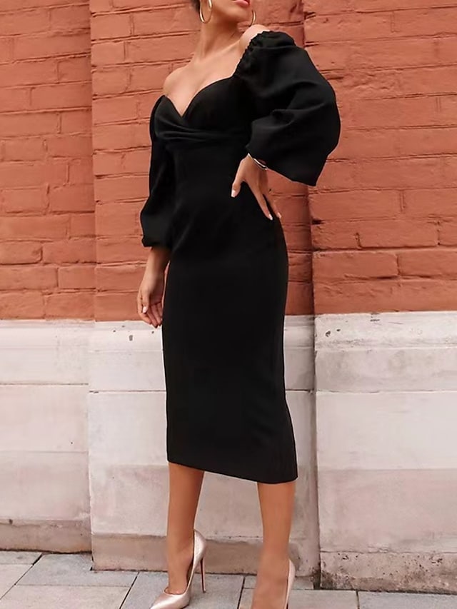 flowersverse Women's Casual Dress Sheath Dress Semi Formal Dress Plain Ruched Square Neck Puff Sleeve Midi Dress Classic Mature Daily Date Long Sleeve Slim Black Winter Fall S M L XL