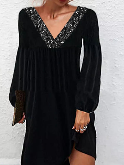 flowersverse Party Lantern Sleeve Velvet Loose V Neck Dress