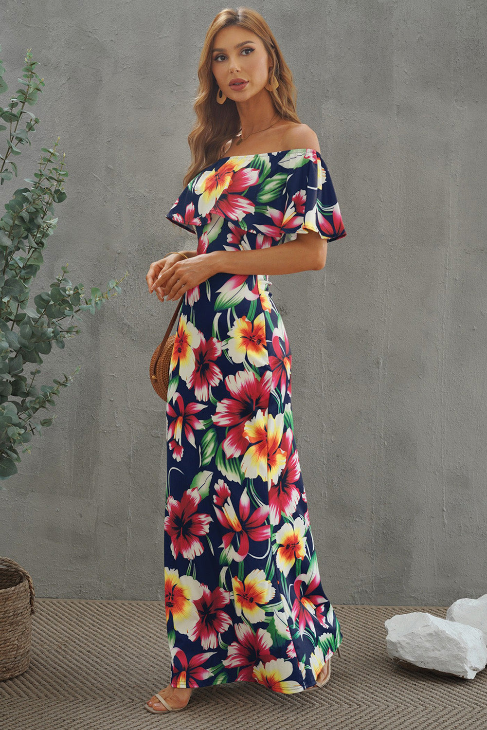 flowersverse Elegant Floral Layered Off-Shoulder Maxi Dress