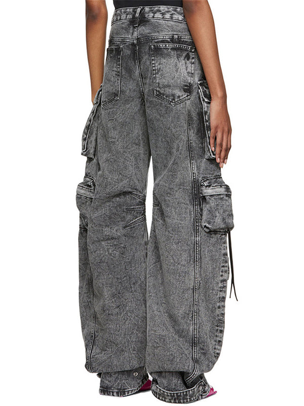 flowersverse Pleated Pockets Split-Joint Streamer Loose Jean Pants Bottoms