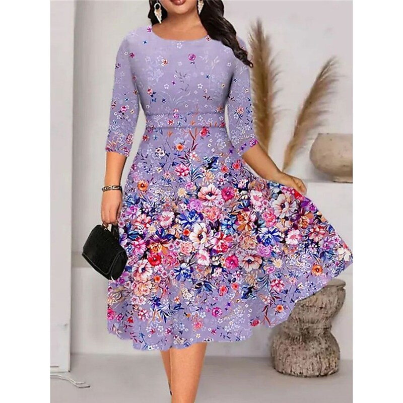 flowersverse Women's Plus Size Work Dress A Line Dress Floral Midi Dress Half Sleeve Print Crew Neck Elegant Office Blue Purple Spring Summer XL XXL 3XL 4XL 5XL