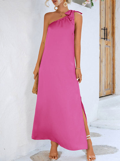 flowersverse Loose Sleeveless Solid Color One-Shoulder Maxi Dresses