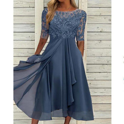 flowersverse Round Neck Lace Swing Elegant Occasion Formal Midi Prom Dress