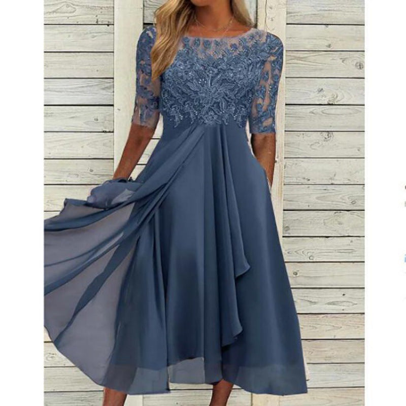 flowersverse Chiffon Asymmetric Skirt Stitching Lace Hollow-out Long Bridesmaid Evening Women's Dress