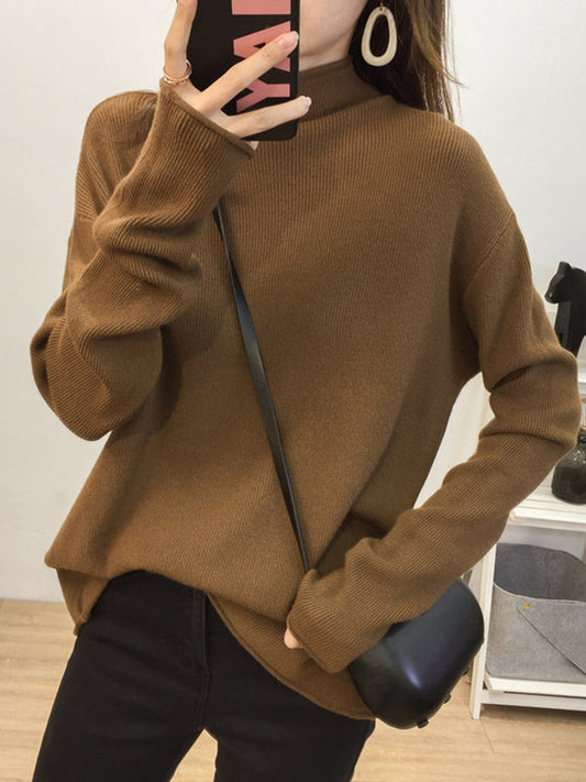 flowersverse Casual Loose Long Sleeves Solid Color Half Turtleneck Sweater Tops