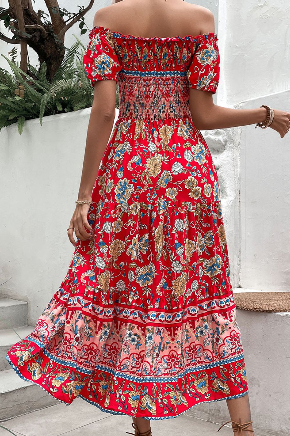 flowersverse Spartan Princess Floral Off-Shoulder Smocked Midi Dress