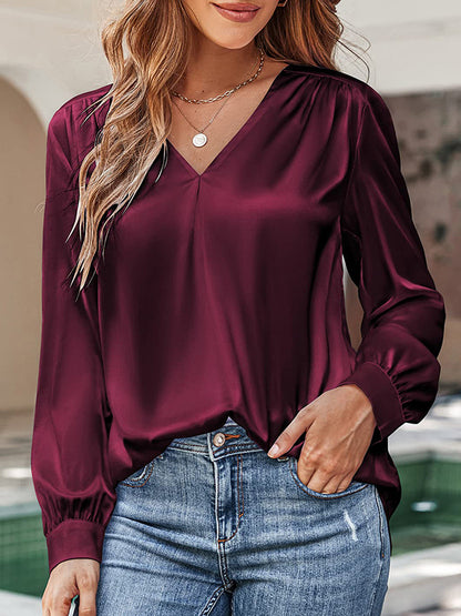 flowersverse Loose Pleated Solid Color V-Neck Blouses&shirts Tops