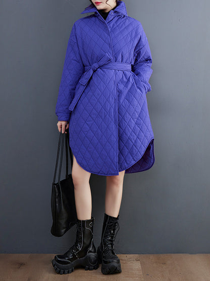 flowersverse Simple Loose Rhombic Belted Solid Color Lapel Padded Coat