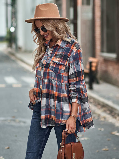 flowersverse Vintage Loose Checkered Lapel Blouses&Shirts Tops