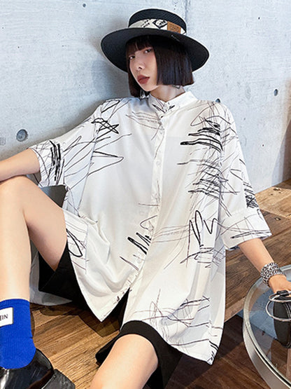 flowersverse Simple Loose High-Low Contrast Color Blouse