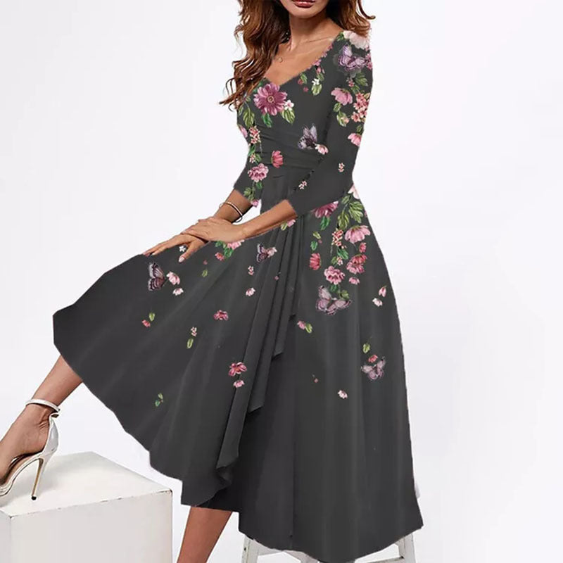 flowersverse Women's Sexy V-neck Loose Floral Print Mid-length Dresses