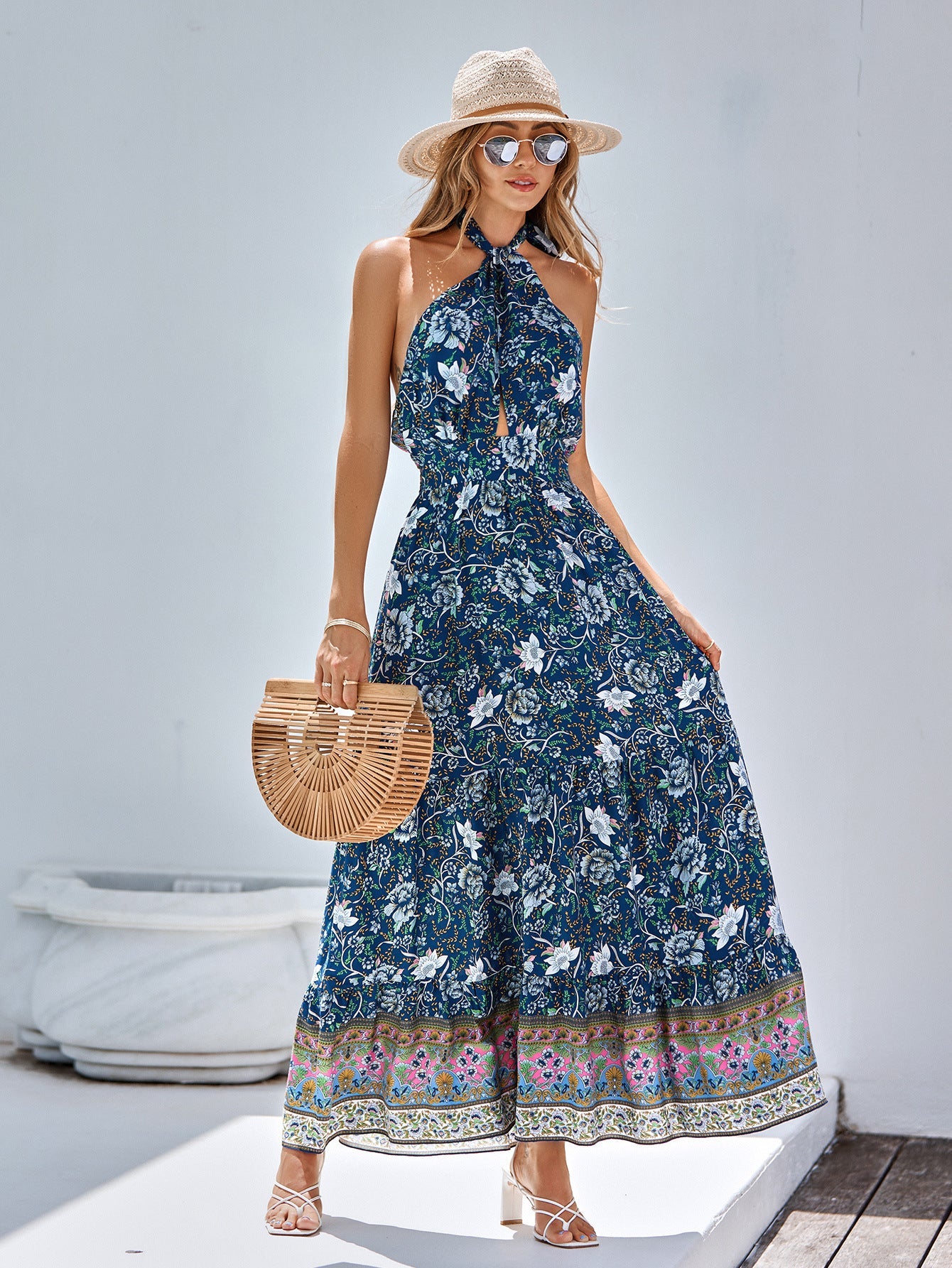 flowersverse Bohemian Printed Polyester Casual Halter Long Women's Dress