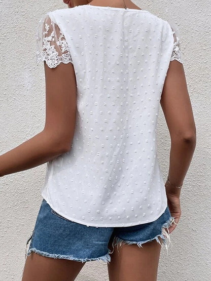 flowersverse Jacquard Lacy Solid Color Cap Sleeve Loose V-neck Blouses&shirts Tops