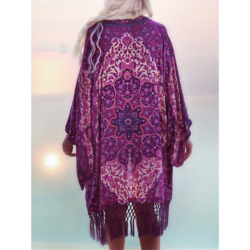 flowersverse Women's Cover Up Beach Dress Beach Wear Midi Dress Tassel Fringe Print Ethnic Casual Floral Open Front 3/4 Length Sleeve Loose Fit Outdoor Daily Purple  Spring Summer One Size