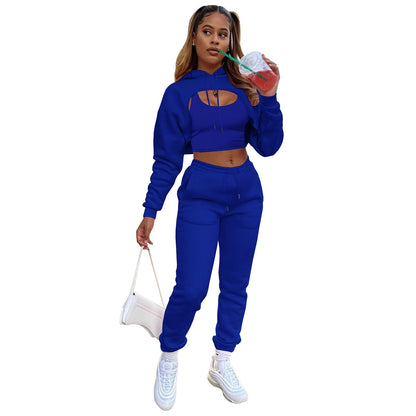 flowersverse Fashion Women's Plus Elegant Style Drawstring Hoodie Cotton Vest Jogger Pants Three-piece Wear