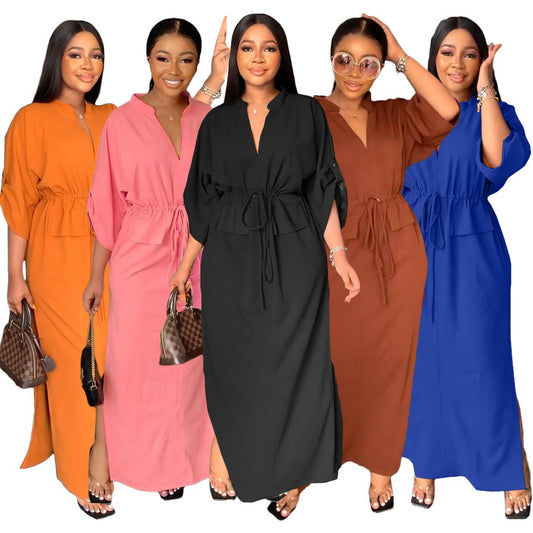 flowersverse Women's Casual Mid Waist Fashion Collar Solid Color Dress