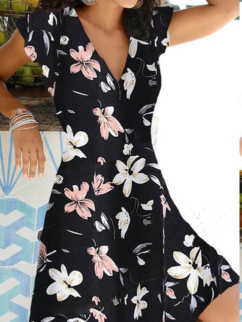 flowersverse A-Line Short Sleeve Floral V Neck Weaving Dress