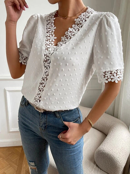 flowersverse Applique Solid Color Loose Short Sleeves V-neck Blouses&shirts Tops