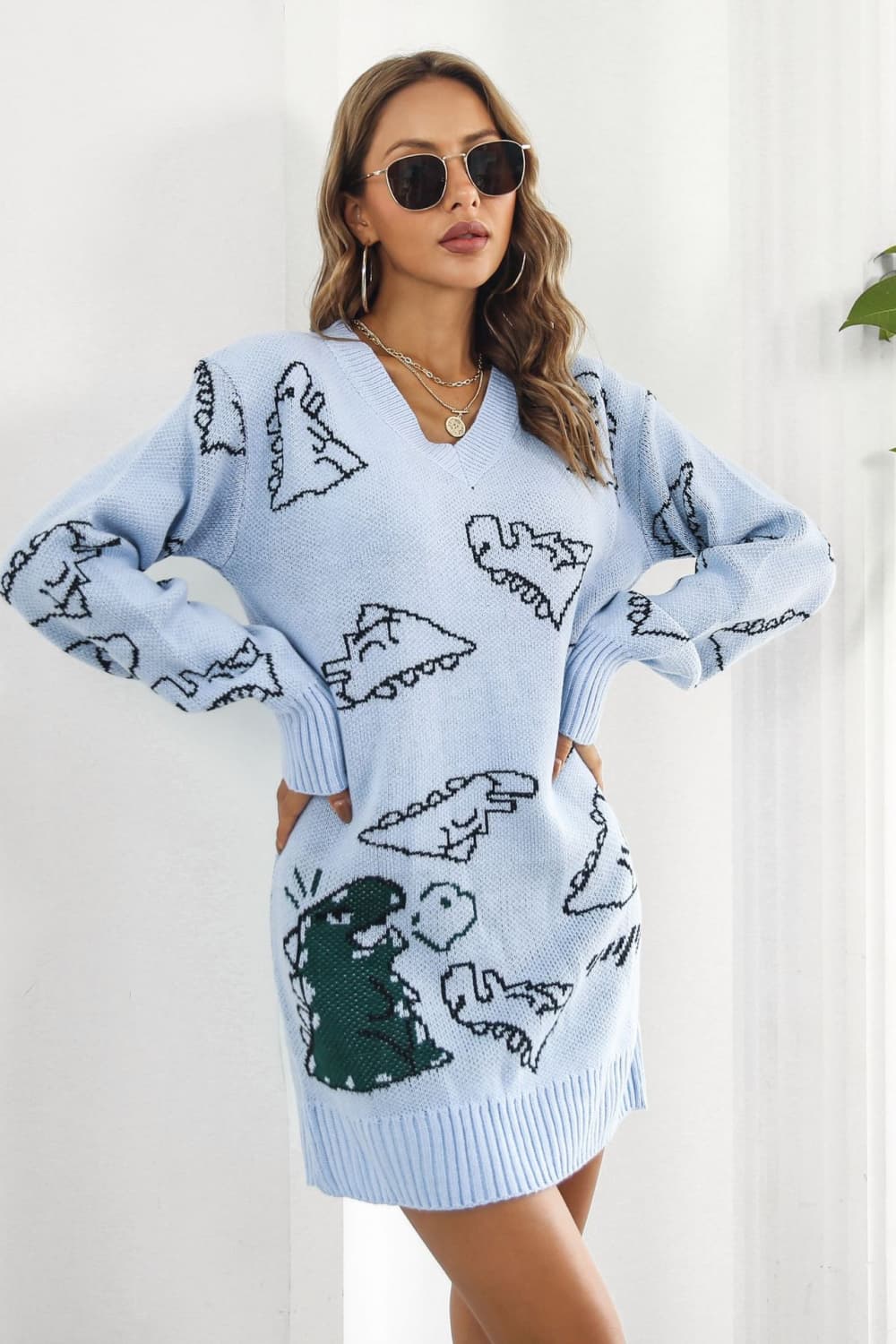 flowersverse Casual Dinosaur Pattern V-Neck Sweater Mini Dress