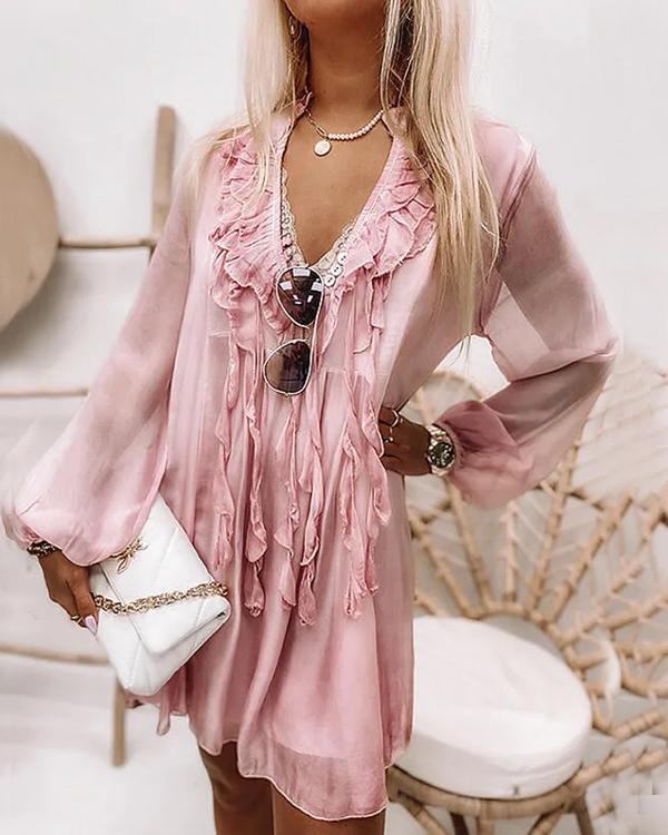 flowersverse Ruffle Silk Tassel V Neck Chiffon Dress