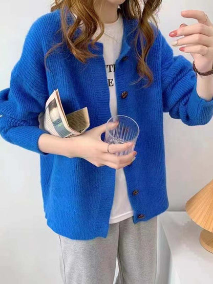 flowersverse Simple Long Sleeves Loose Buttoned Solid Color Round-Neck Cardigan Tops