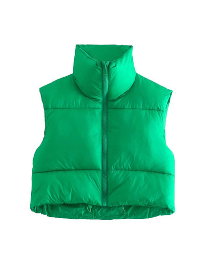 flowersverse Skinny Sleeveless Solid Color Zipper Stand Collar Padded Vest Vest Top