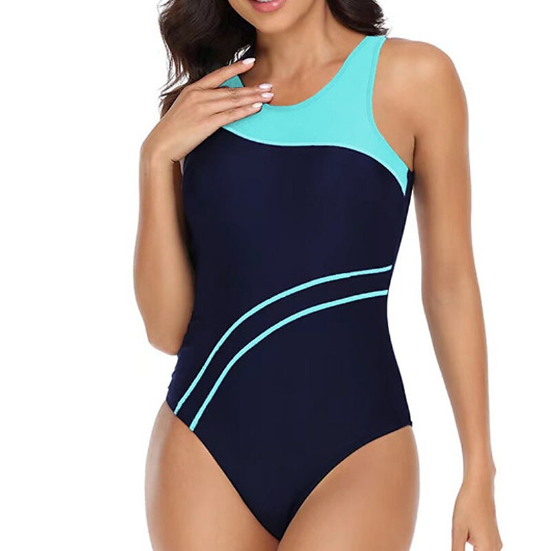 flowersverse Women's Swimwear One Piece Monokini Bathing Suits Normal Swimsuit Tummy Control Open Back Printing High Waisted Lines / Waves Green Blue Red Navy Blue Scoop Neck Bathing Suits Sports Vacation Fashion