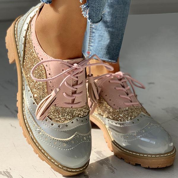 flowersverse Lace-Up Sequins Insert Chunky Heeled Boots