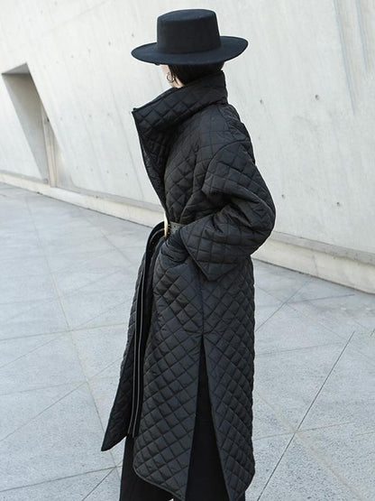 flowersverse Black Rhombic Split-Side High Collar Long Coat