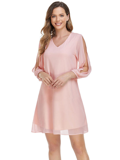 flowersverse Women's loose chiffon three-quarter split sleeves v-neck straight everyday dress elegant cocktail dress