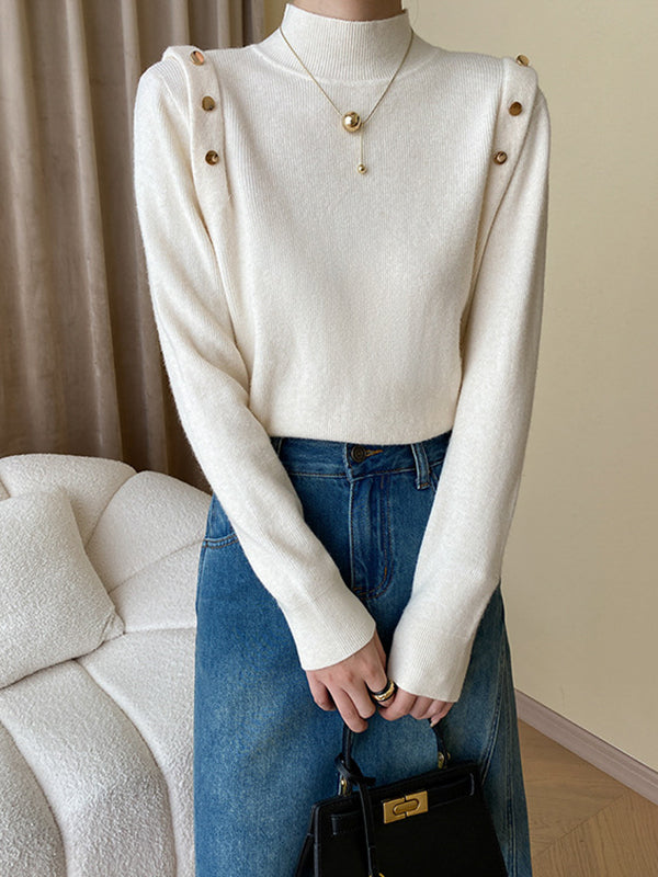 flowersverse Buttoned Split-Joint Long Sleeves High-Neck Sweater Tops