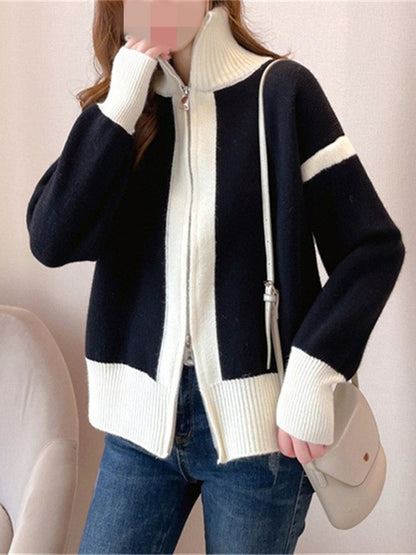 flowersverse Casual Long Sleeves Contrast Color Zipper Stand Collar Cardigan Tops