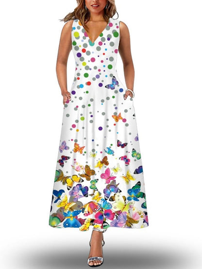 flowersverse Women's Long Dress Maxi Dress Casual Dress Shift Dress Print Dress Floral Butterfly Peacock Fashion Casual Daily Going out Beach Print Sleeveless V Neck Dress Loose Fit Black White Light Green Spring