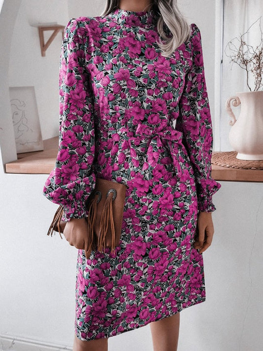 flowersverse Floral Stand Collar Lantern Long Sleeve Chiffon Dress