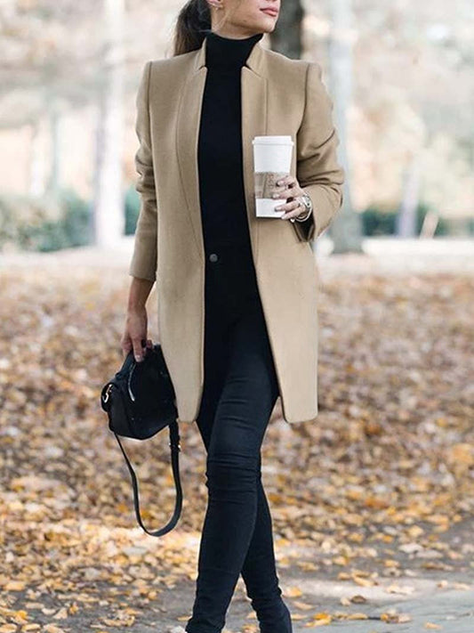 flowersverse Long Sleeves Solid Color Split-Joint Stand Collar Outerwear Woolen Coat