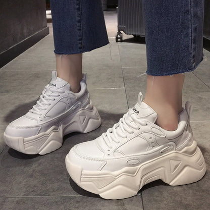 flowersverse Women Platform Sneakers Leather Casual Ladies Chunky Shoes White Woman High Black Fashion Brand Thick soled Wedge Sneakers