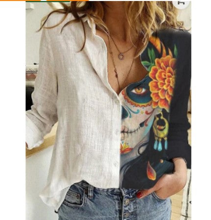 flowersverse 5XL 3D Digital Portrait Letter Printing Casual Women Blouse Oversized Spring Autumn Loose Button Cardigan Long Ladies Shirt New