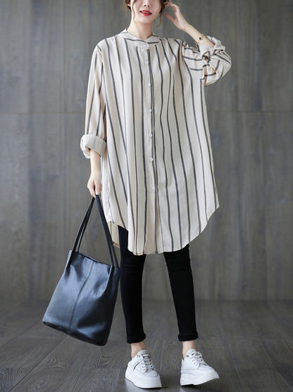 flowersverse Buttoned Striped Long Sleeves Loose Blouses&Shirts Tops