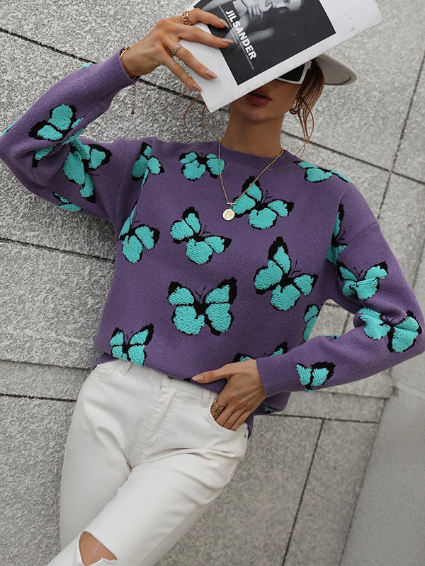 flowersverse Original Long Sleeves Loose Butterfly Print Contrast Color Round-Neck Sweater Tops